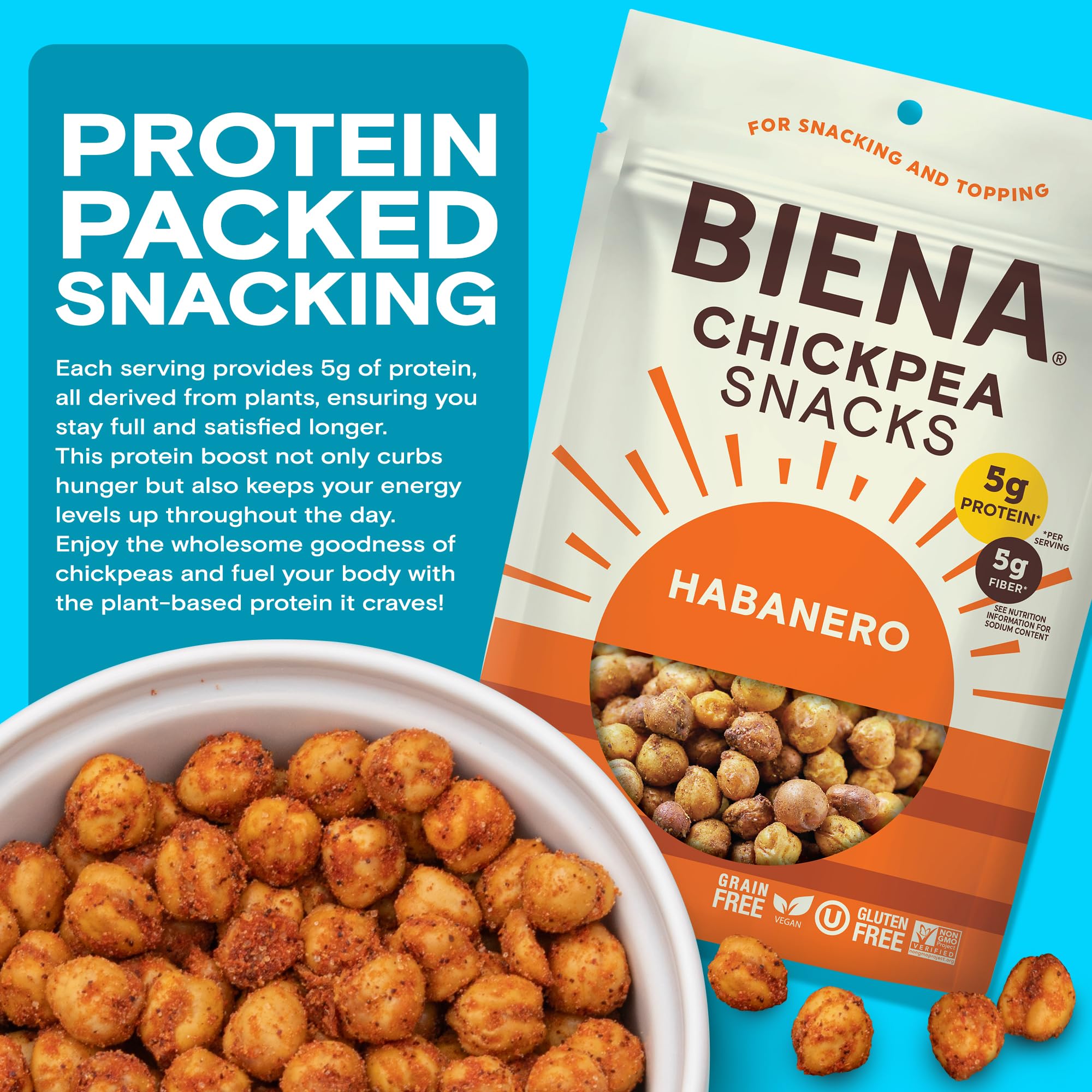 BIENA habanero chickpeas sprinkled on a fresh salad for extra protein