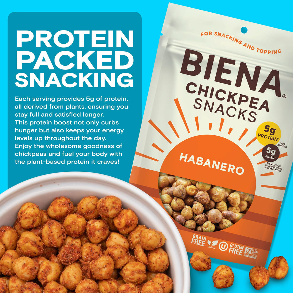 BIENA habanero chickpeas sprinkled on a fresh salad for extra protein