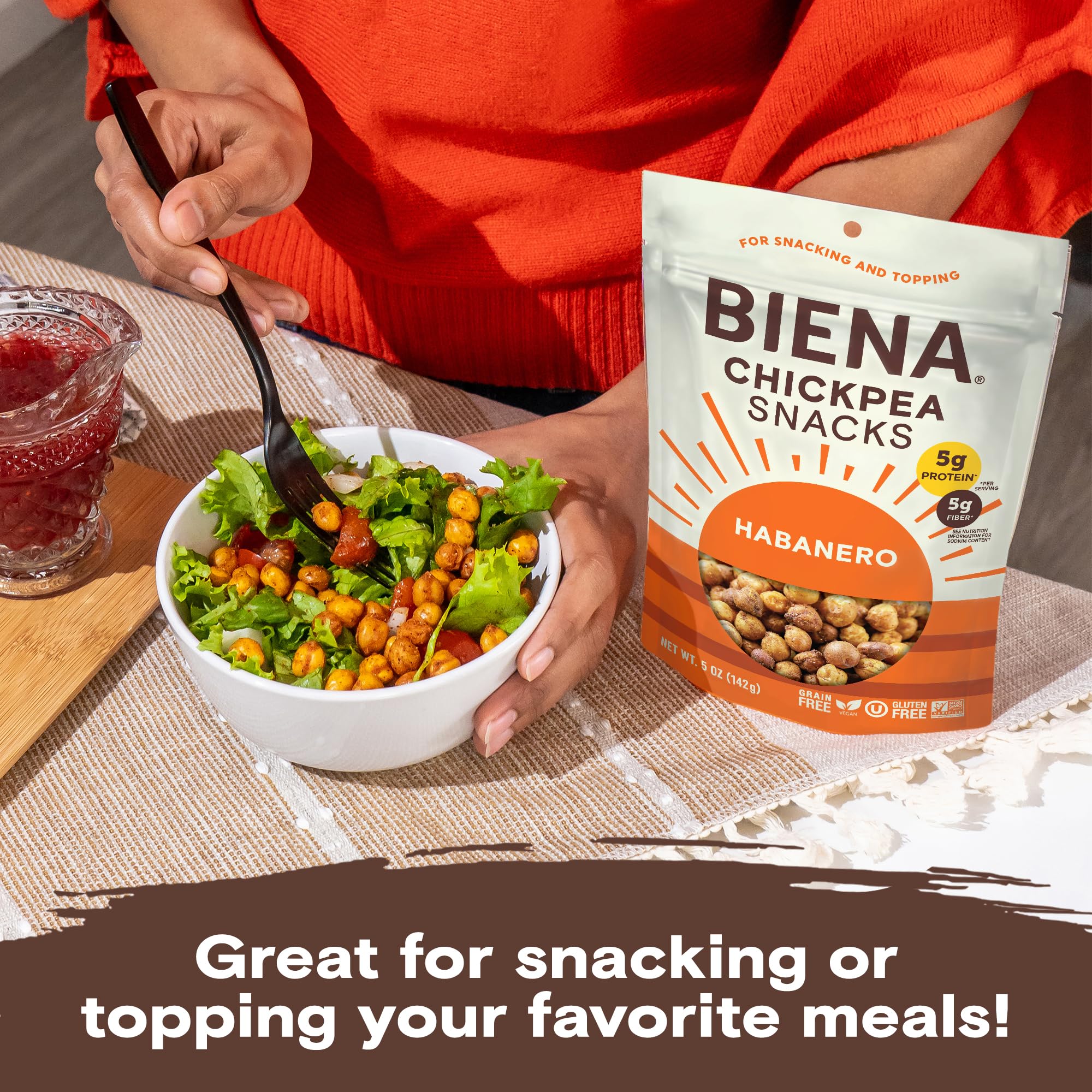 BIENA habanero chickpeas topping a bowl for extra crunch