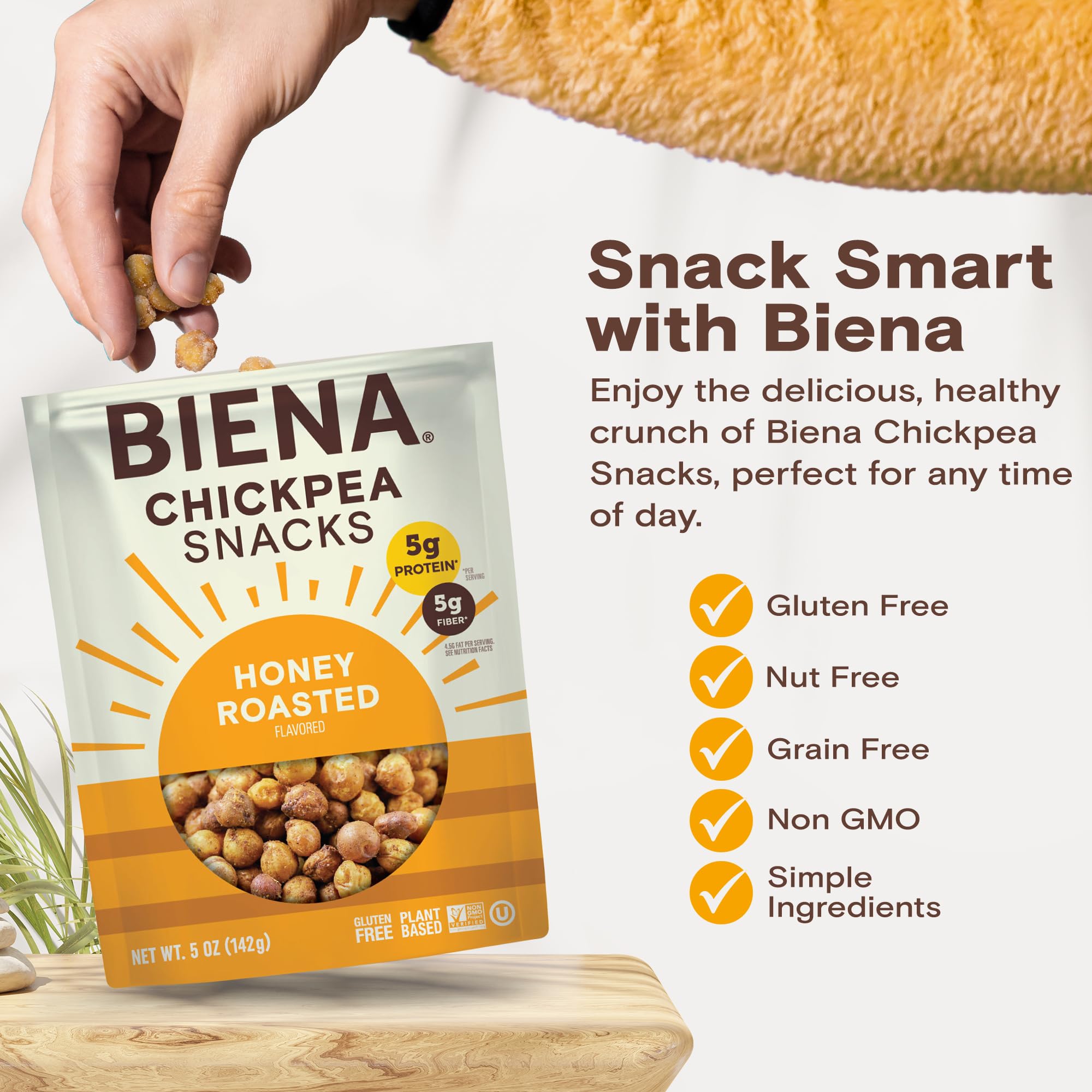 BIENA Honey Roasted Chickpeas served in small bowl for on-the-go snacking.