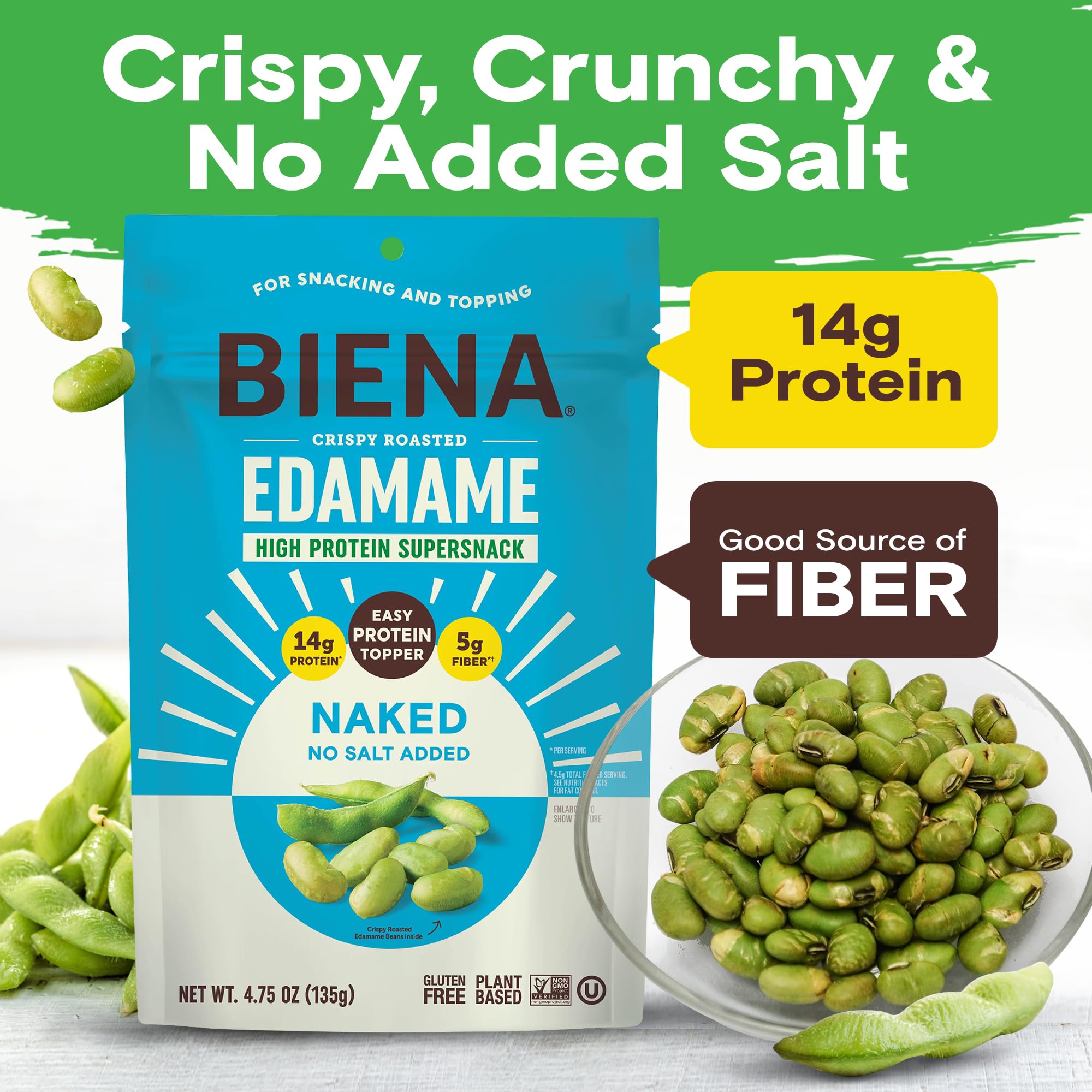 BIENA Naked Edamame close-up of crispy roasted texture for a quick crunch.