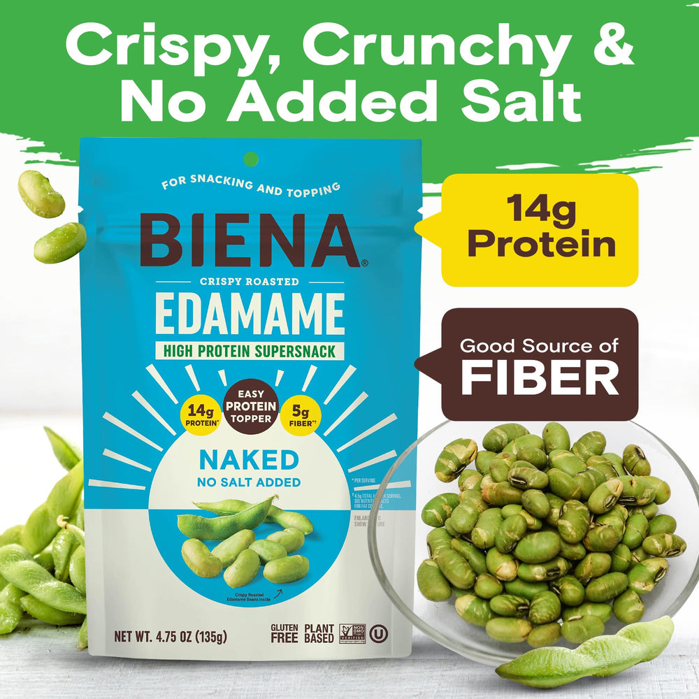 BIENA Naked Edamame close-up of crispy roasted texture for a quick crunch.