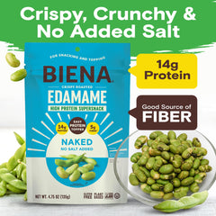 BIENA Naked Edamame close-up of crispy roasted texture for a quick crunch.