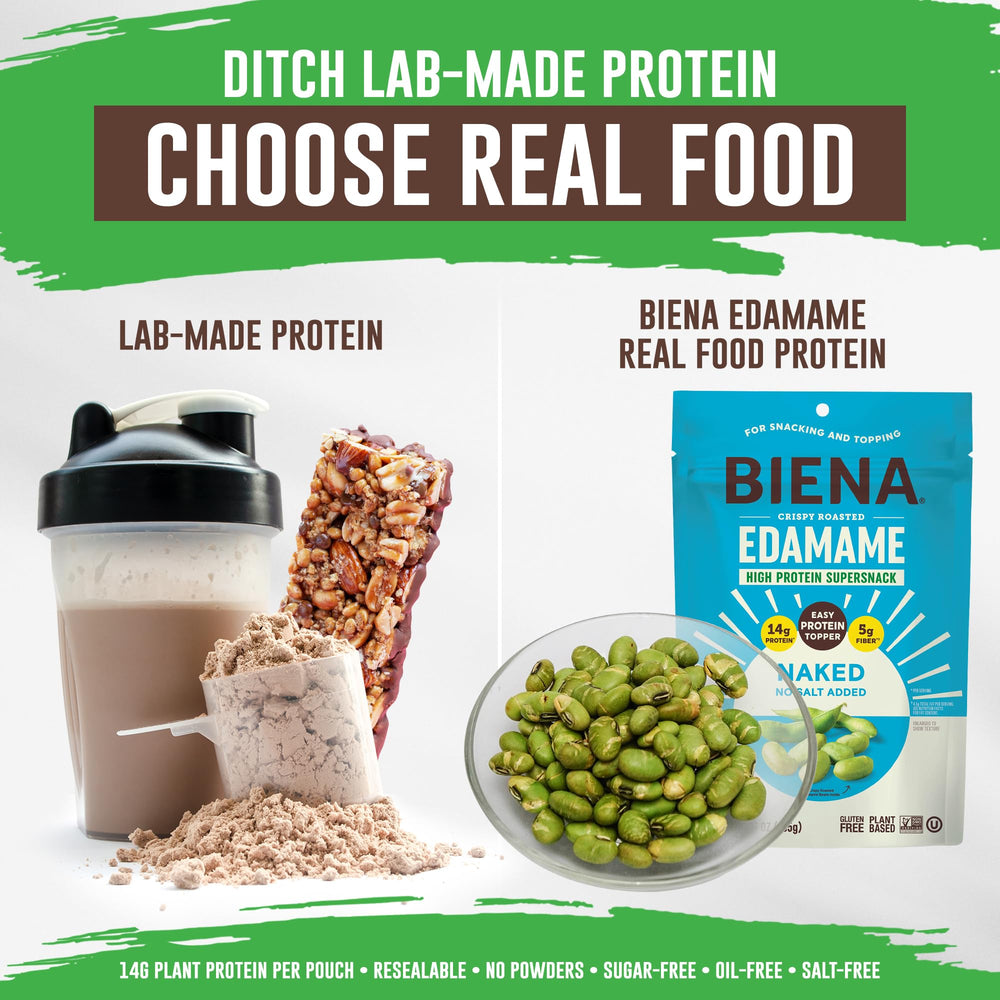 BIENA Naked Edamame gluten-free icon on the pack as a gluten-free snack option.