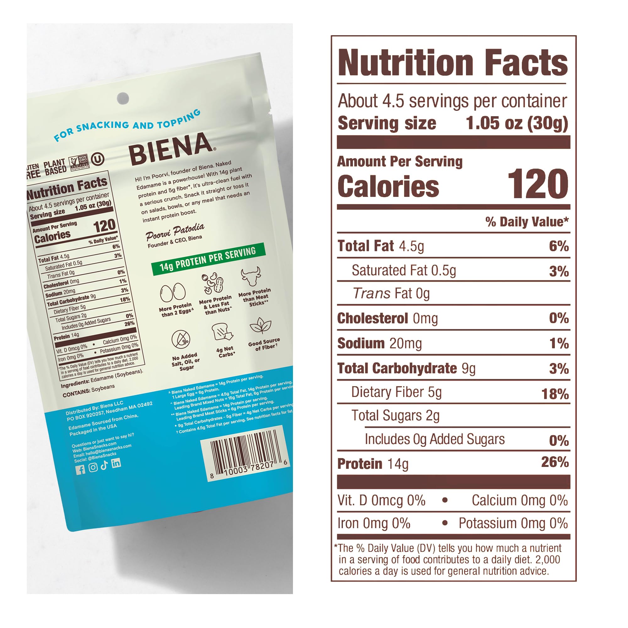 BIENA Naked Edamame on-the-go pouch for protein on busy days.