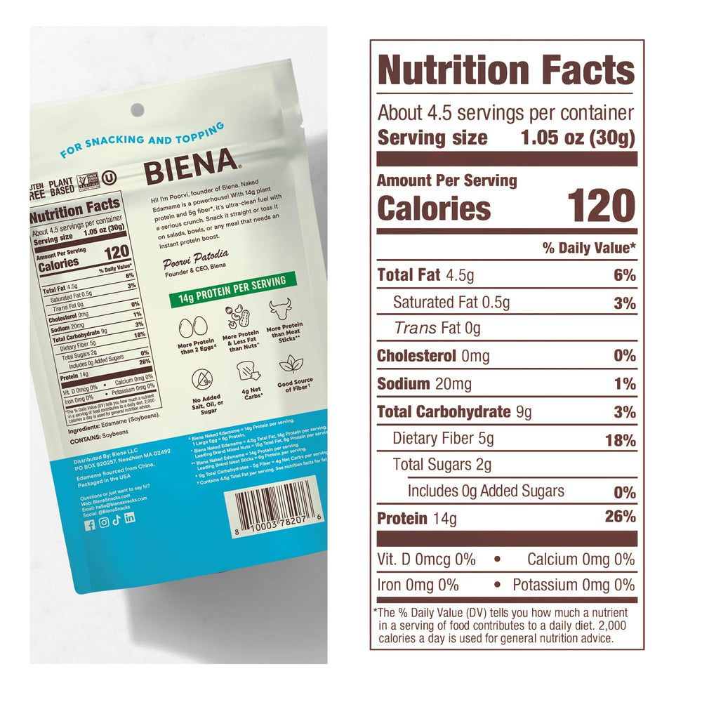 BIENA Naked Edamame on-the-go pouch for protein on busy days.