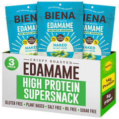 BIENA Naked Edamame snack packaging visible, showing no added salt and clean ingredients.