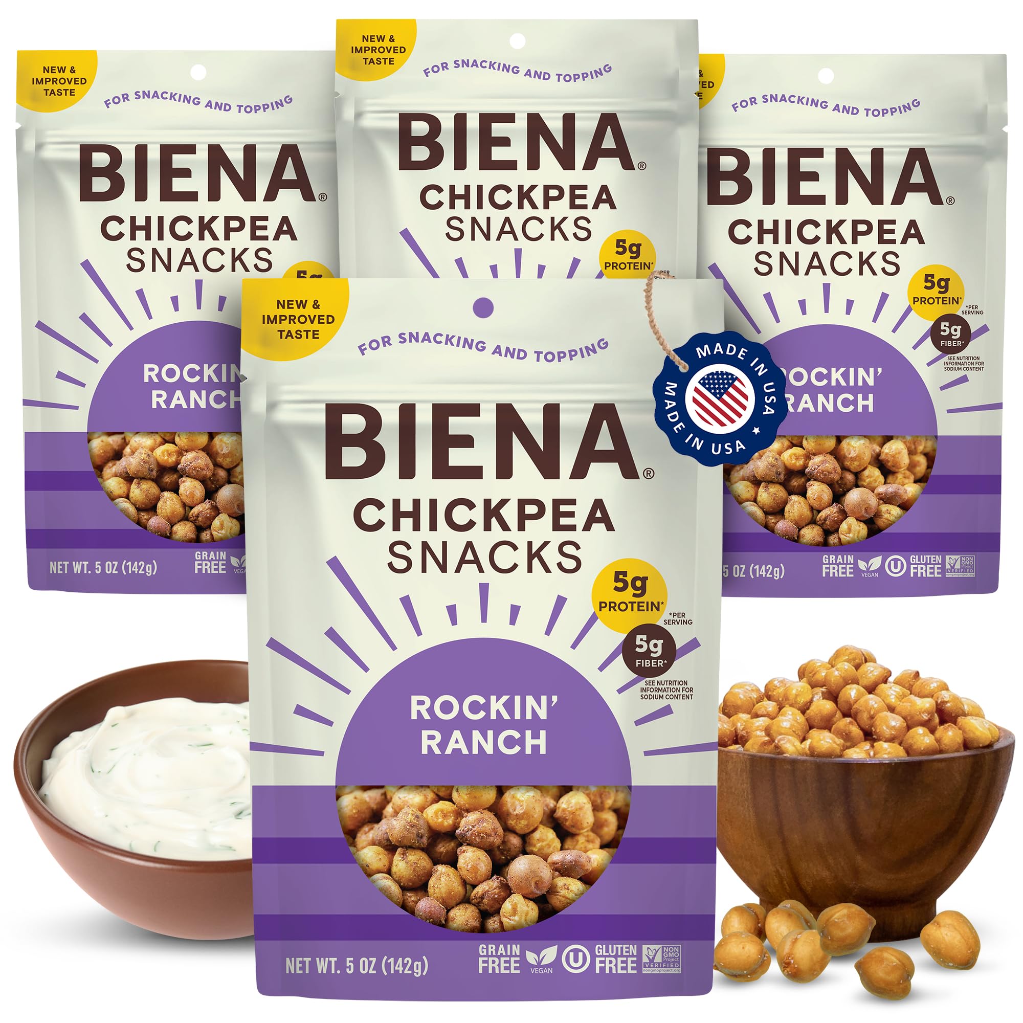 BIENA Rockin’ Ranch chickpeas pack showing a protein-rich crunchy snack on the go.