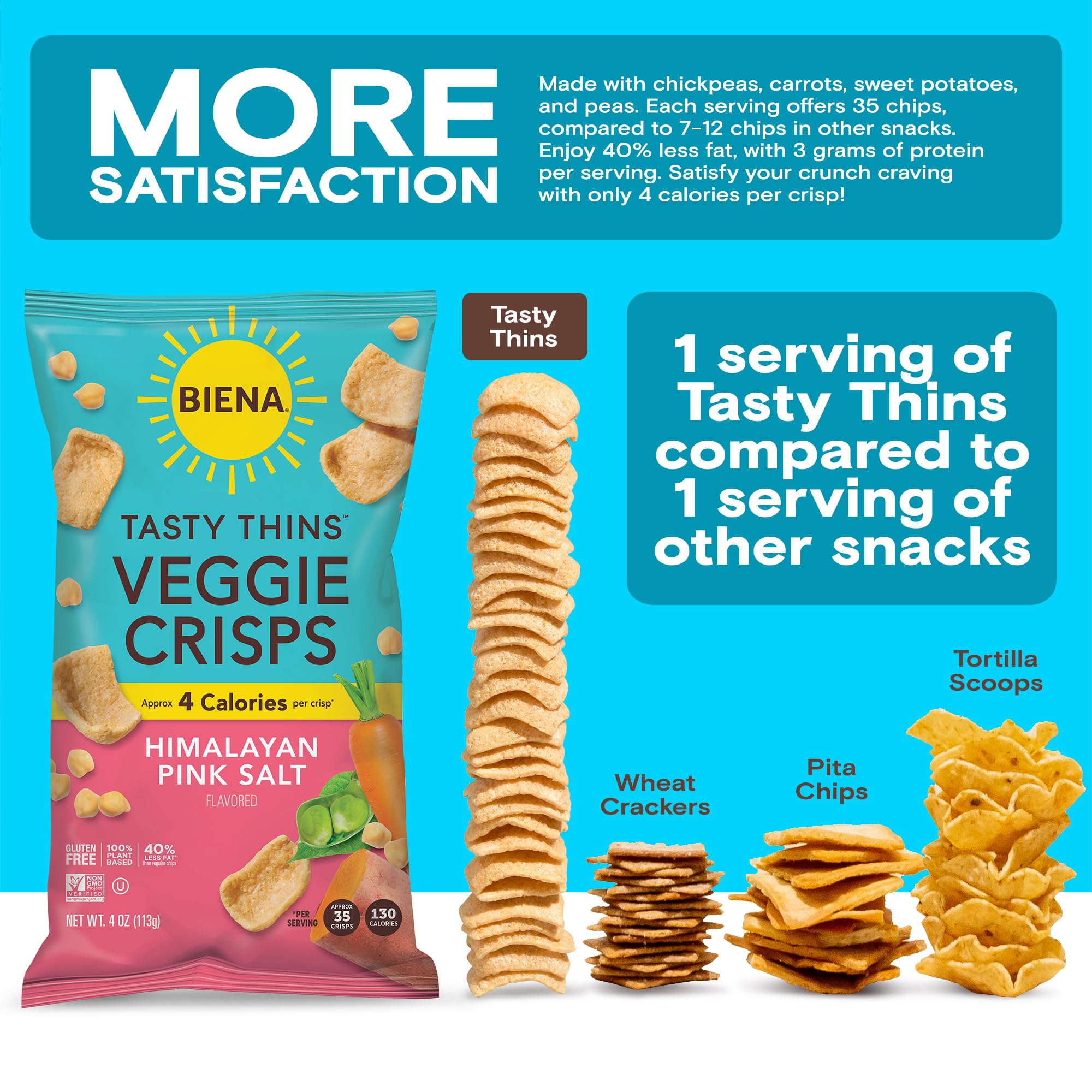 Biena Tasty Thins veggie crisps offer a light, savory bite.