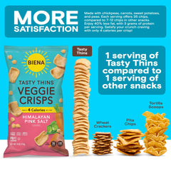 Biena Tasty Thins veggie crisps offer a light, savory bite.