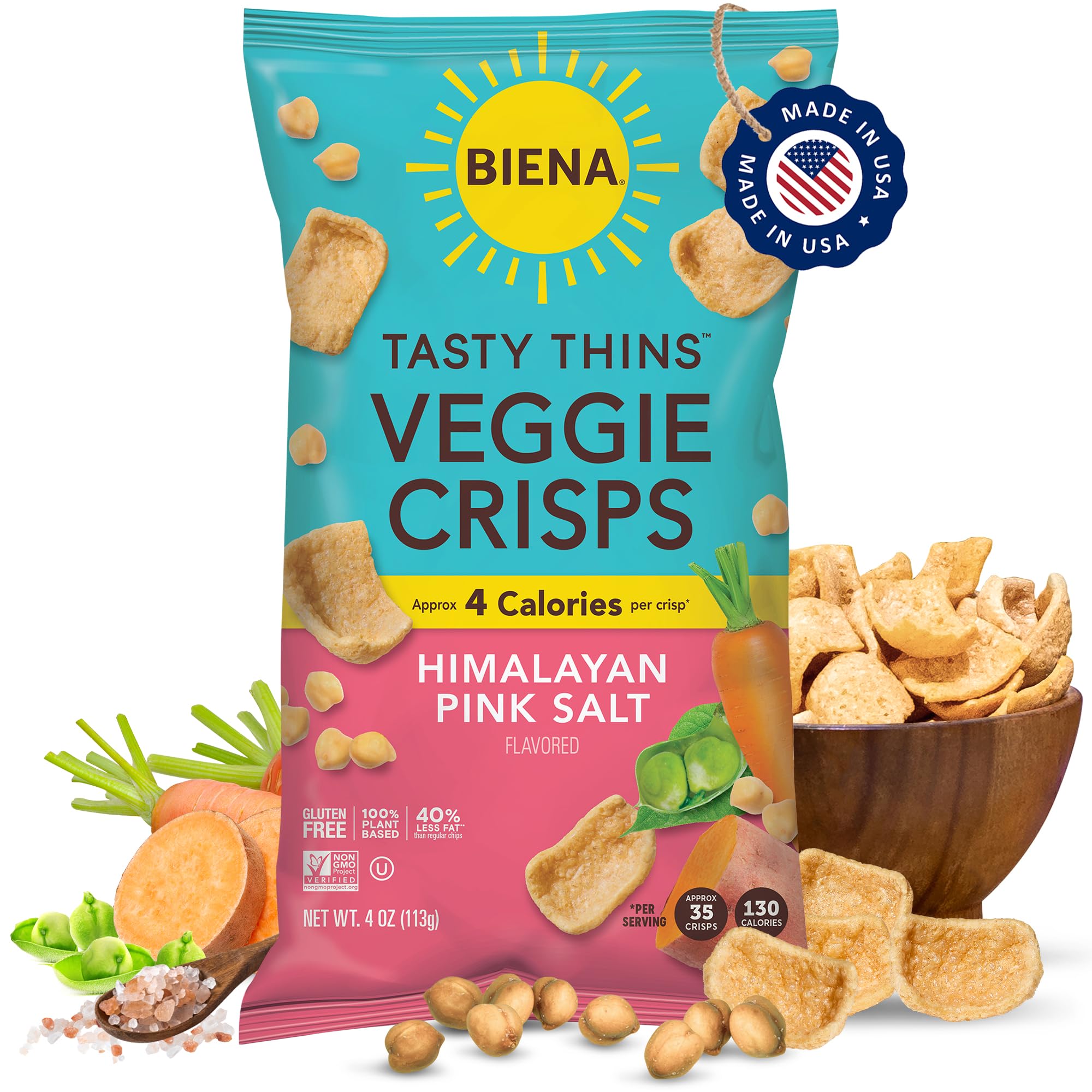 Biena Tasty Thins Sea Salt crisps for a crunchy veggie snack.