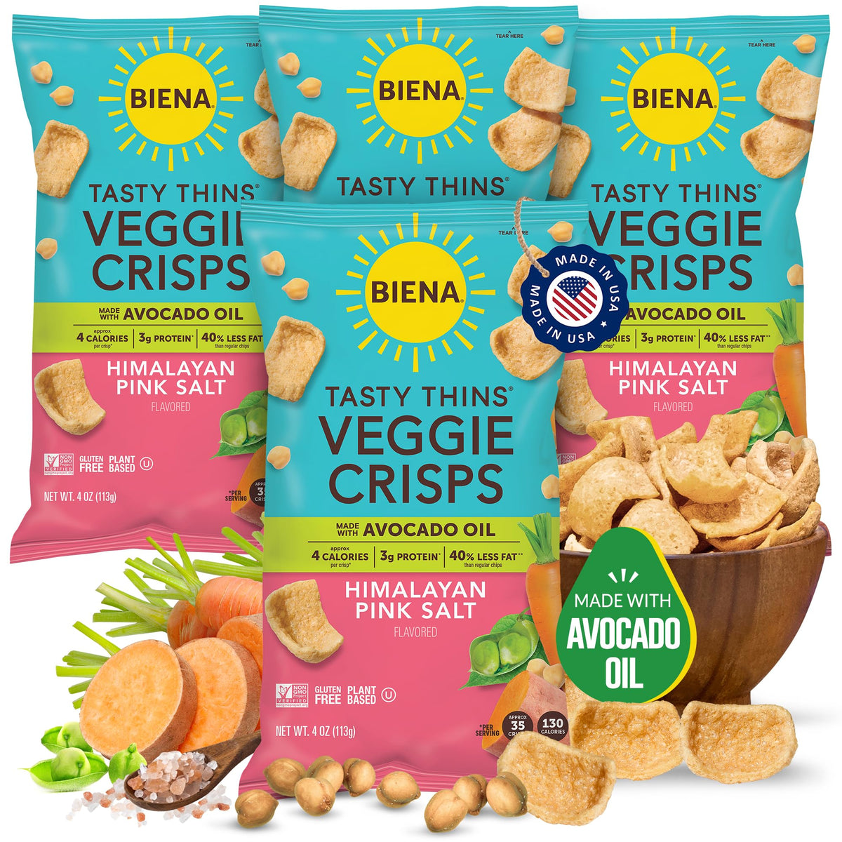 BIENA Tasty Thins avocado-oil veggie crisps perfect for dipping and on-the-go snacking