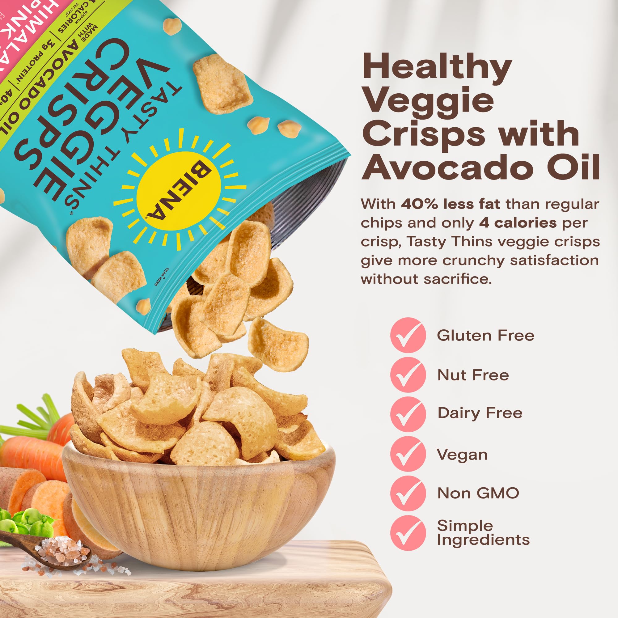 BIENA Tasty Thins ingredients showcase chickpeas carrots sweet potatoes and peas