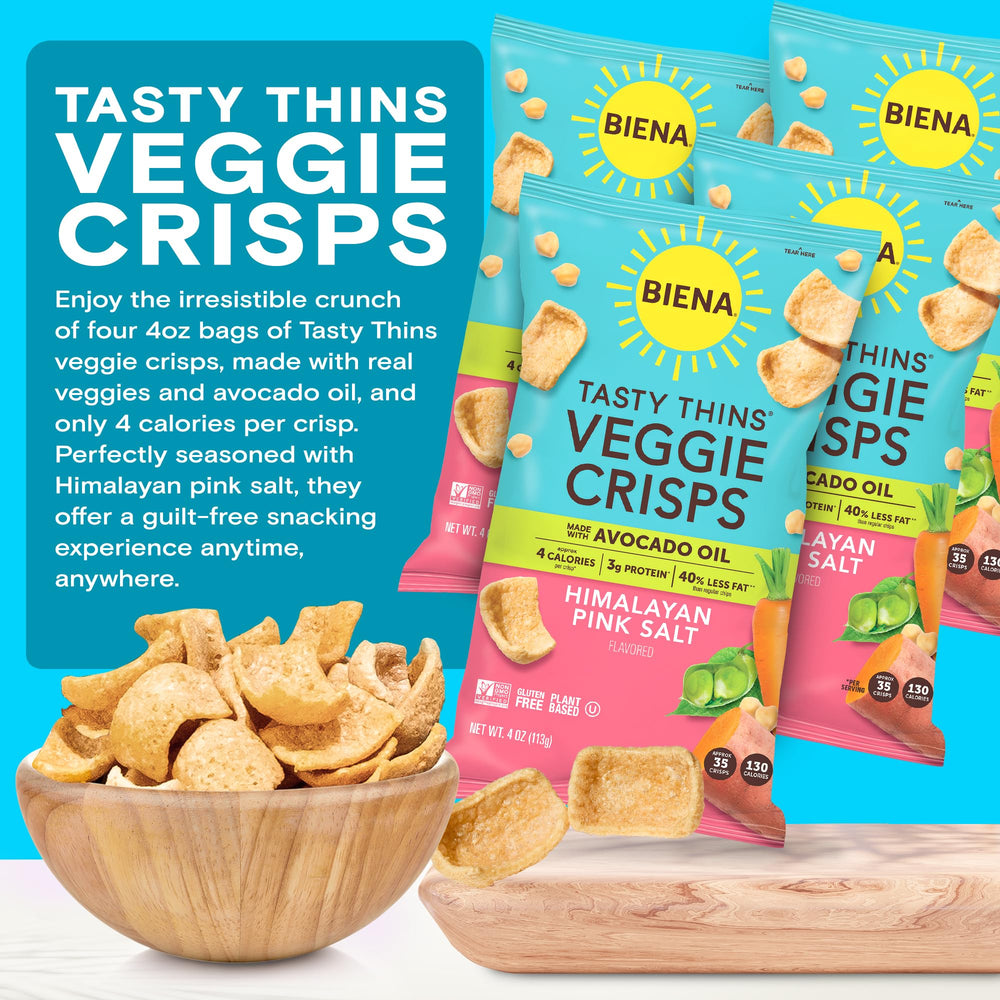 BIENA Tasty Thins packshot showing a four-pack veggie crisps