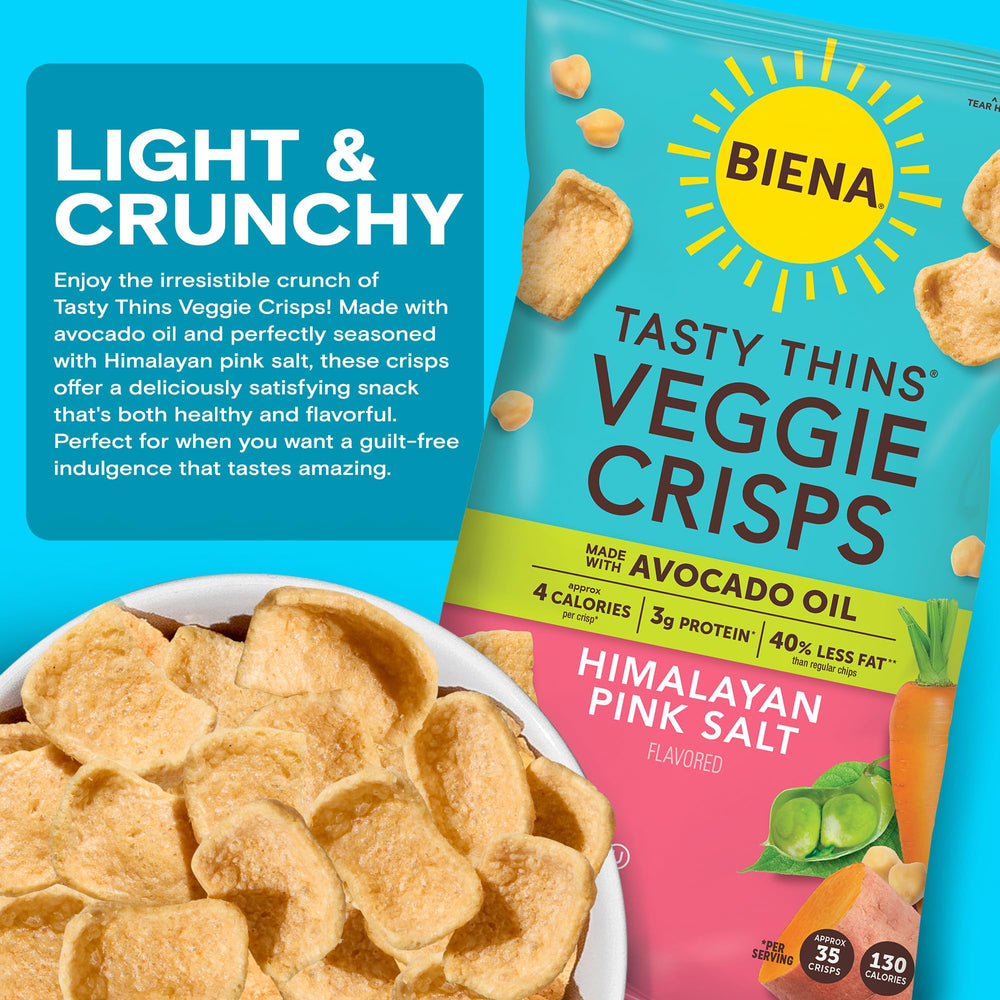 BIENA Tasty Thins show 35 crisps per serving for satisfying portions