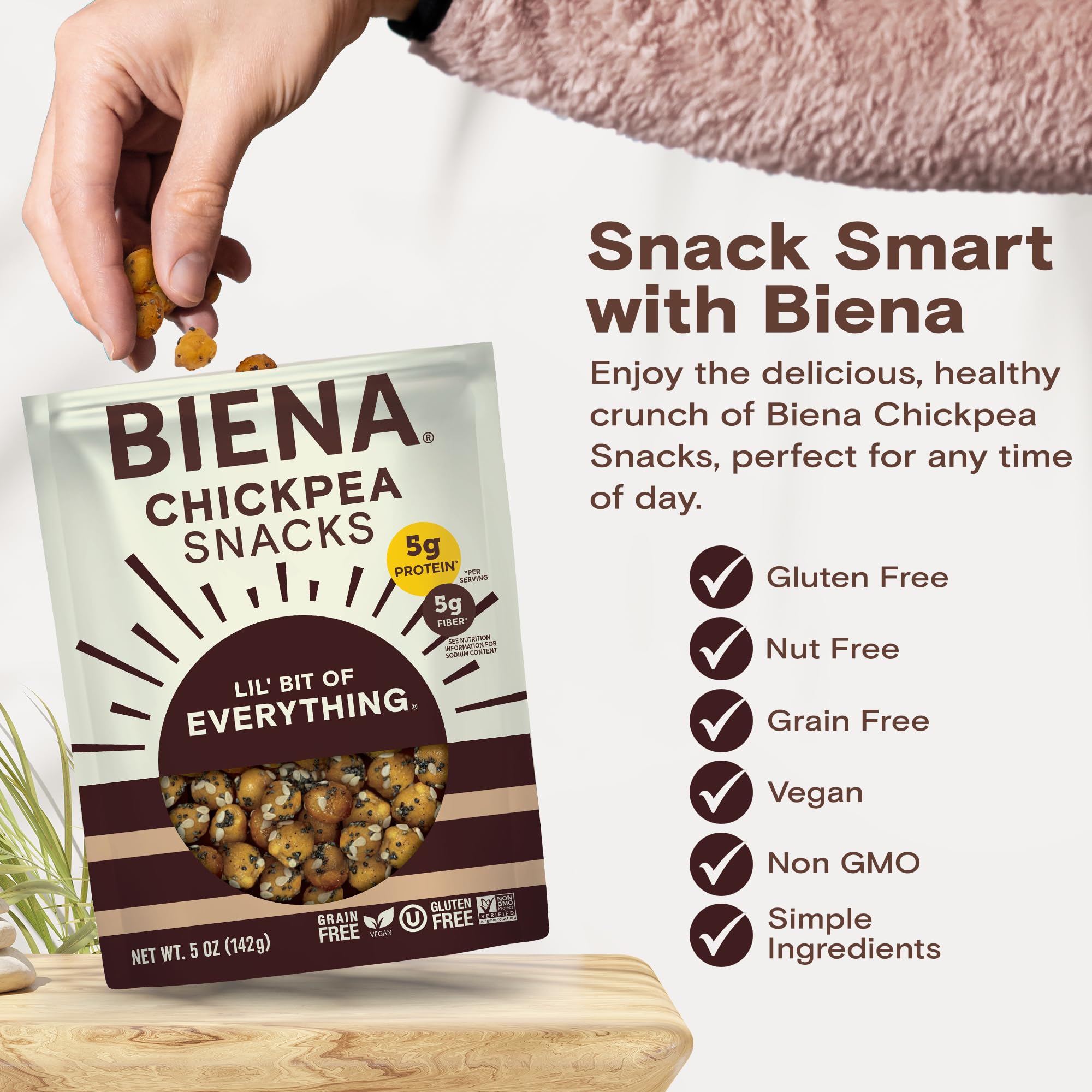 BIENA Protein-rich chickpeas support a plant-based snacking routine.