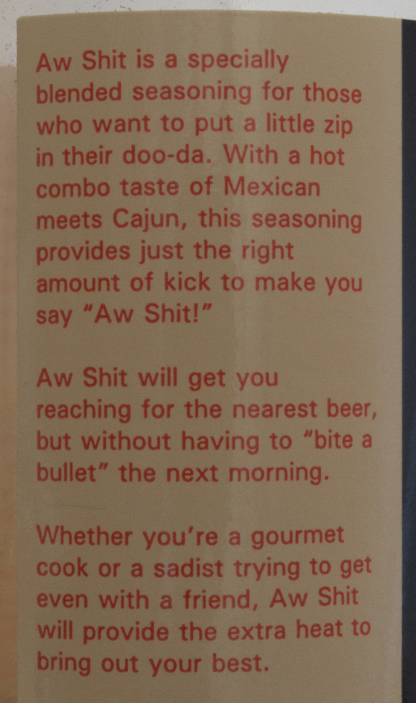 Aw Shit seasoning label emphasizes Texas made authenticity for BBQ fans