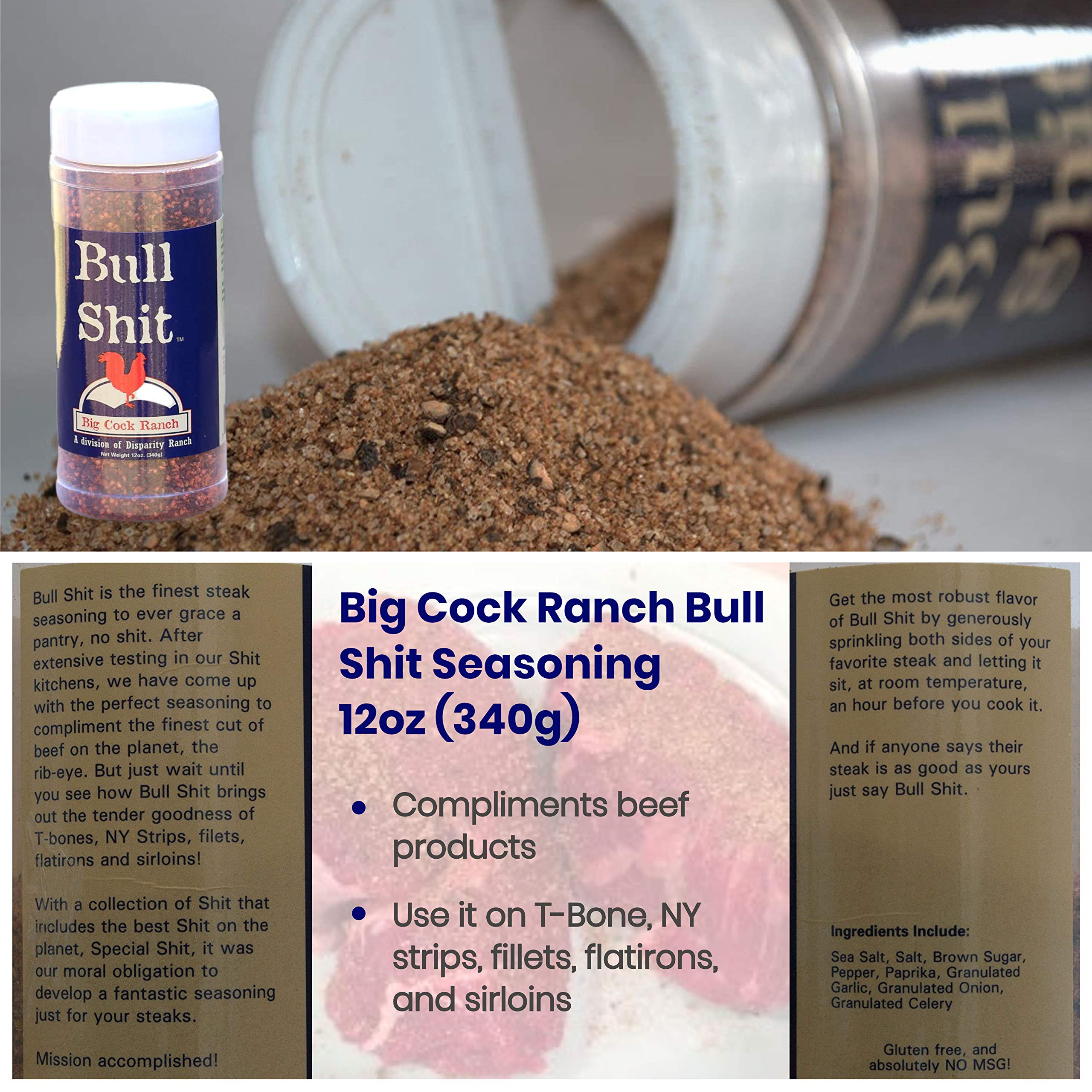 Big Cock Ranch Bull Shit for Steak bottle enhances beef sear without overpowering.