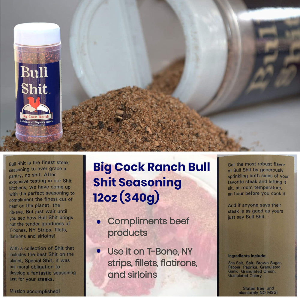 Big Cock Ranch Bull Shit for Steak bottle enhances beef sear without overpowering.
