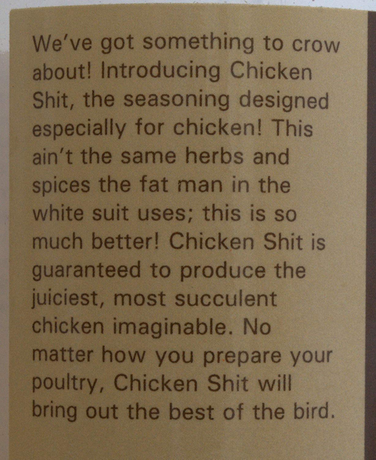 Big Cock Ranch Chicken Shit seasoning bottle label detail signals quality.