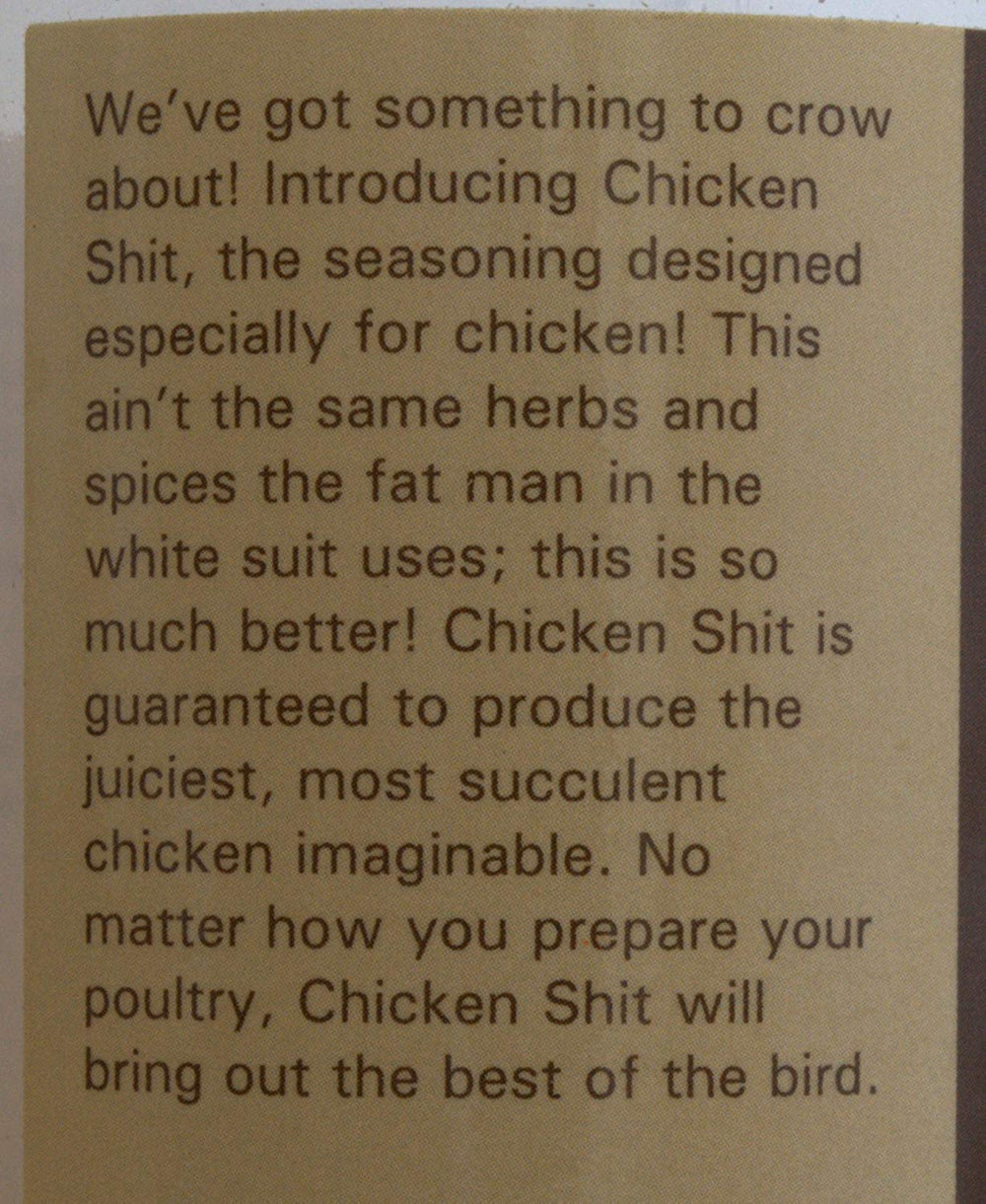 Big Cock Ranch Chicken Shit seasoning bottle label detail signals quality.
