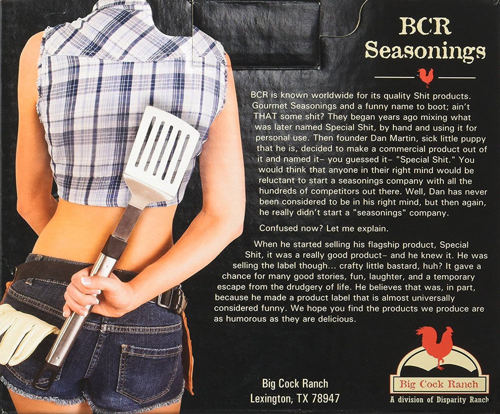 Big Cock Ranch Shitload spice bottles lineup for bold grill seasoning versatility.