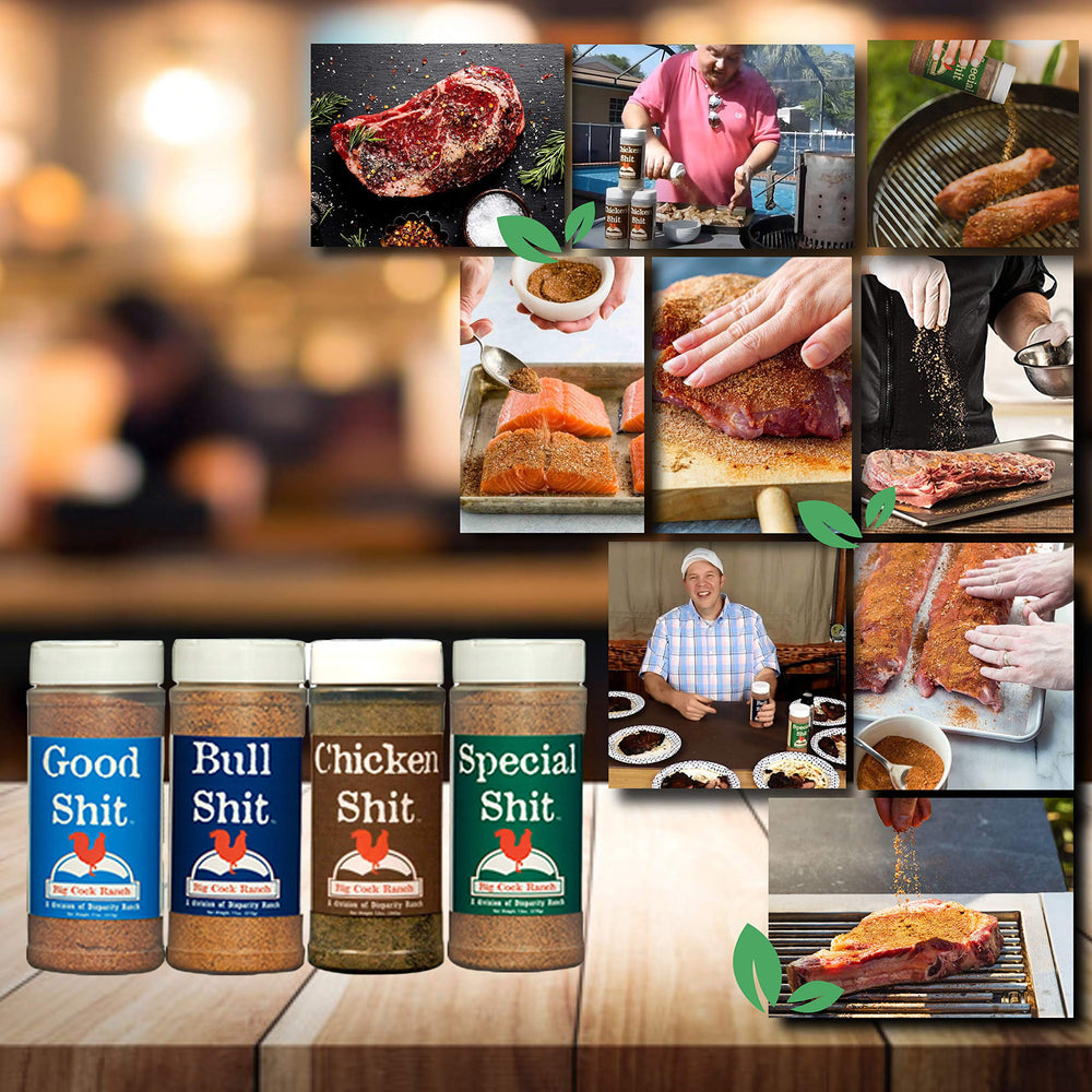 Big Cock Ranch spice rack display highlights gluten-free, MSG-free options.