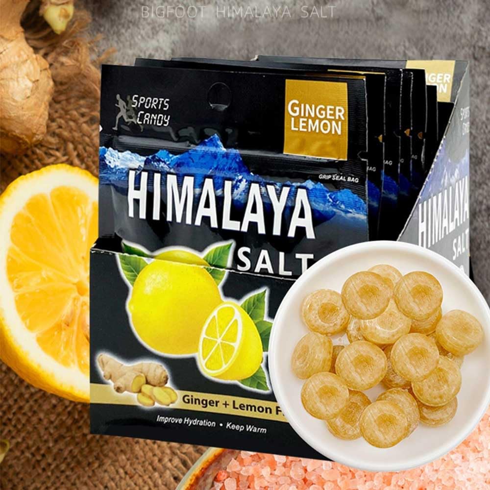 Big Foot ginger lemon candy ingredients close-up shows natural Himalaya salt and fresh flavors