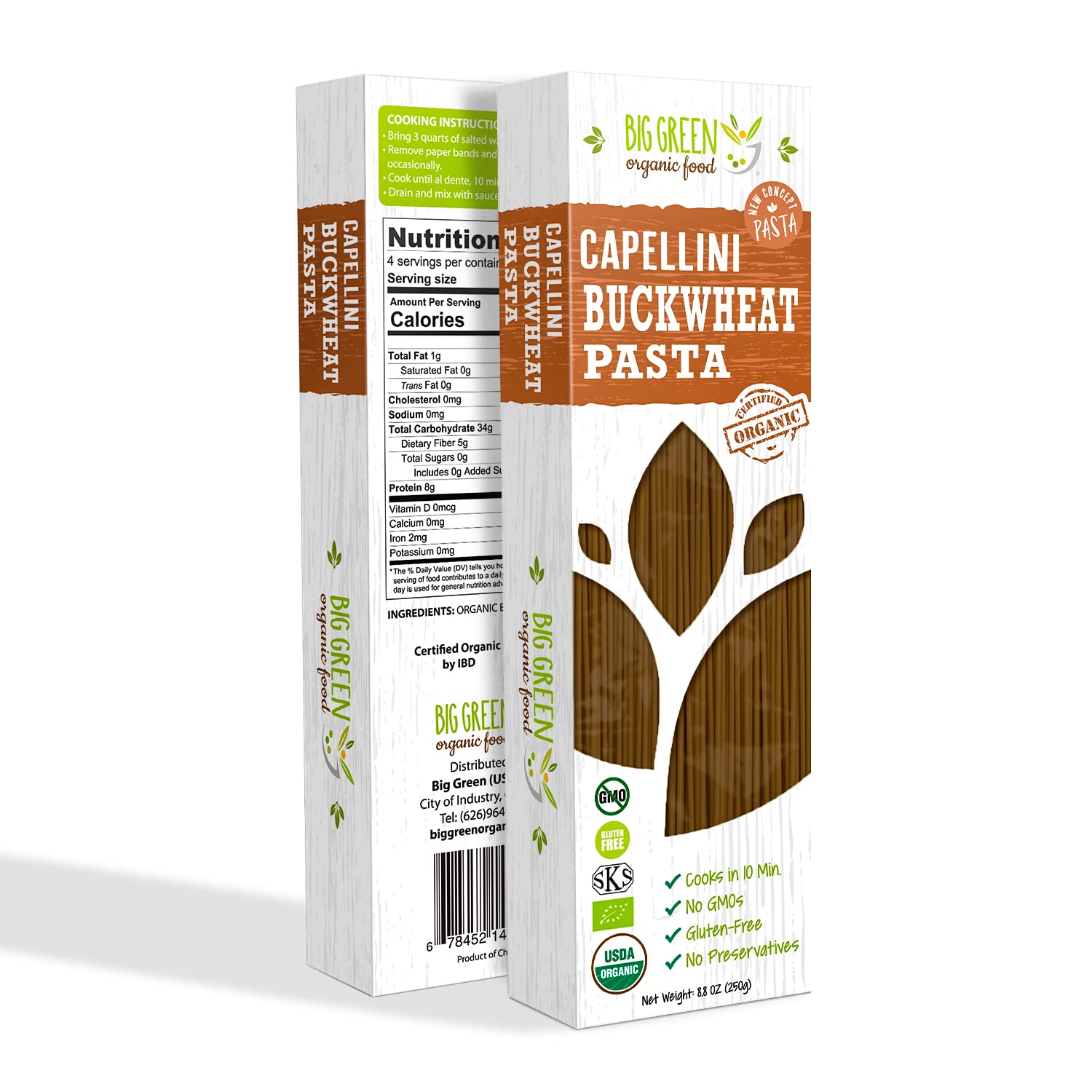 Big Green Organic Food buckwheat capellini ingredients highlight 100% organic buckwheat flour.