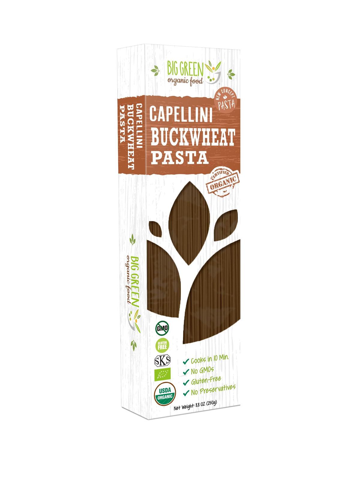 Big Green Organic Food buckwheat capellini pack on kitchen counter, gluten-free option for meals.