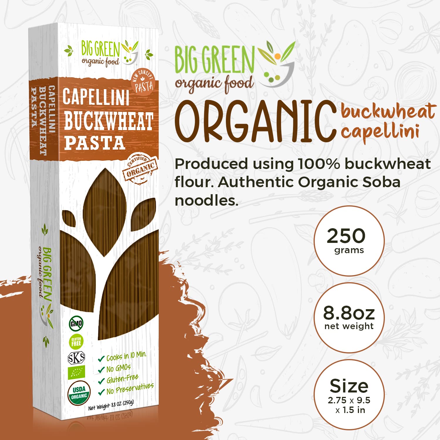 Big Green Organic Food buckwheat capellini ready to serve in al dente texture.