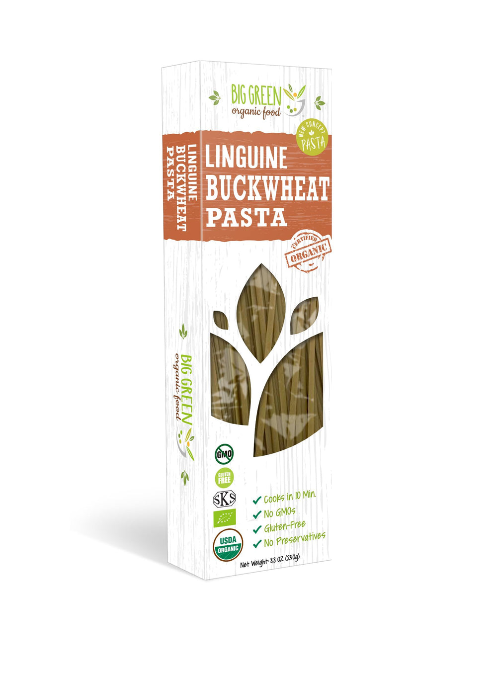 Big Green Organic Food buckwheat linguine pack close-up, gluten-free and versatile.