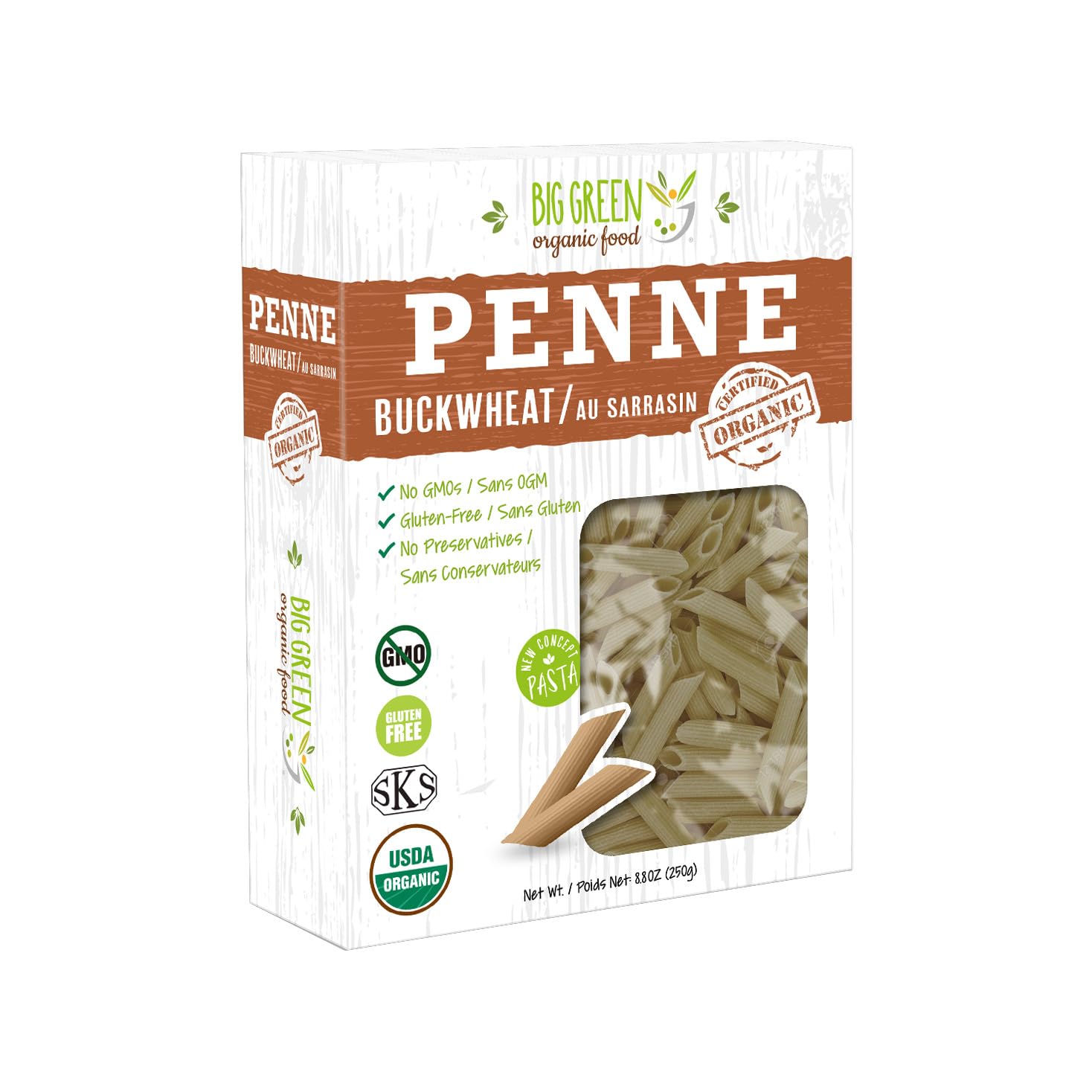 Big Green Organic Food buckwheat penne package, gluten-free option for weeknight meals.