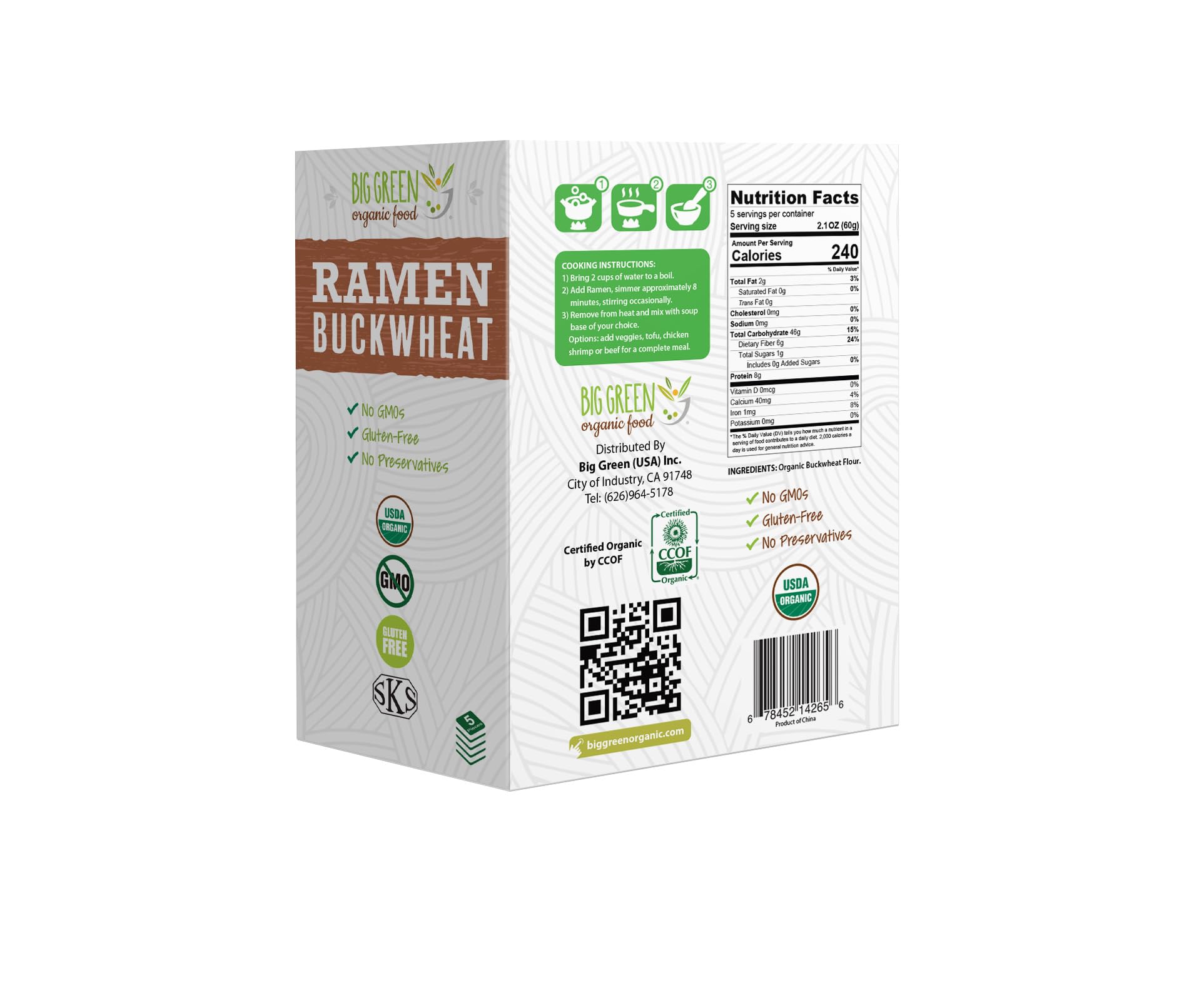 Big Green Organic Food buckwheat ramen cooking scene highlights quick, easy preparation.