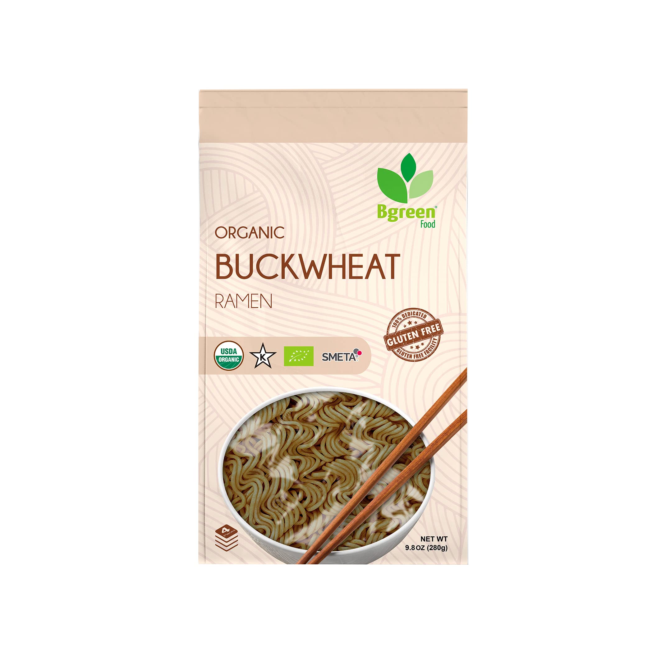 Big Green Organic Food buckwheat ramen packaging highlights gluten-free, organic ingredients.