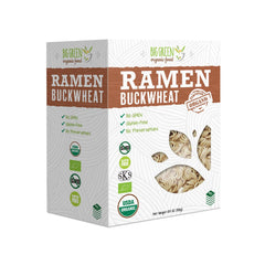 Big Green Organic Food buckwheat ramen packaging showcases 100% buckwheat and gluten-free quality.