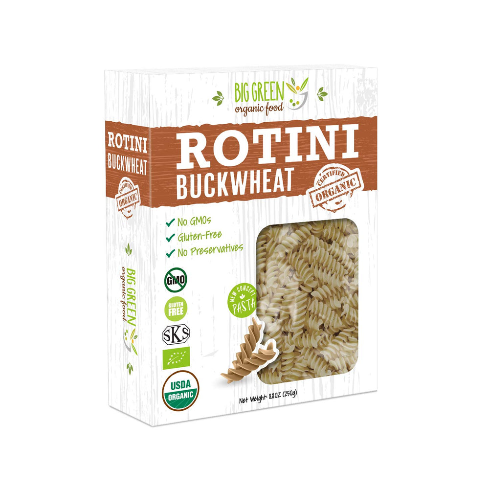 Big Green Organic Food buckwheat rotini packaging shows 100% buckwheat and gluten-free promise.