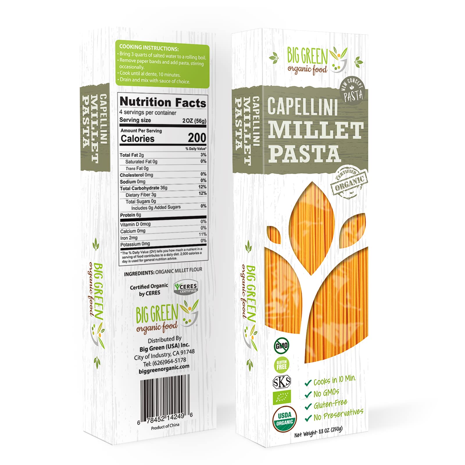 Big Green Organic Food millet capellini pack shot showing gluten-free option