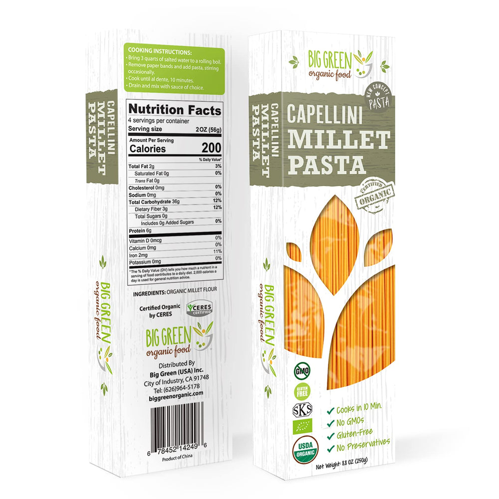 Big Green Organic Food millet capellini pack shot showing gluten-free option