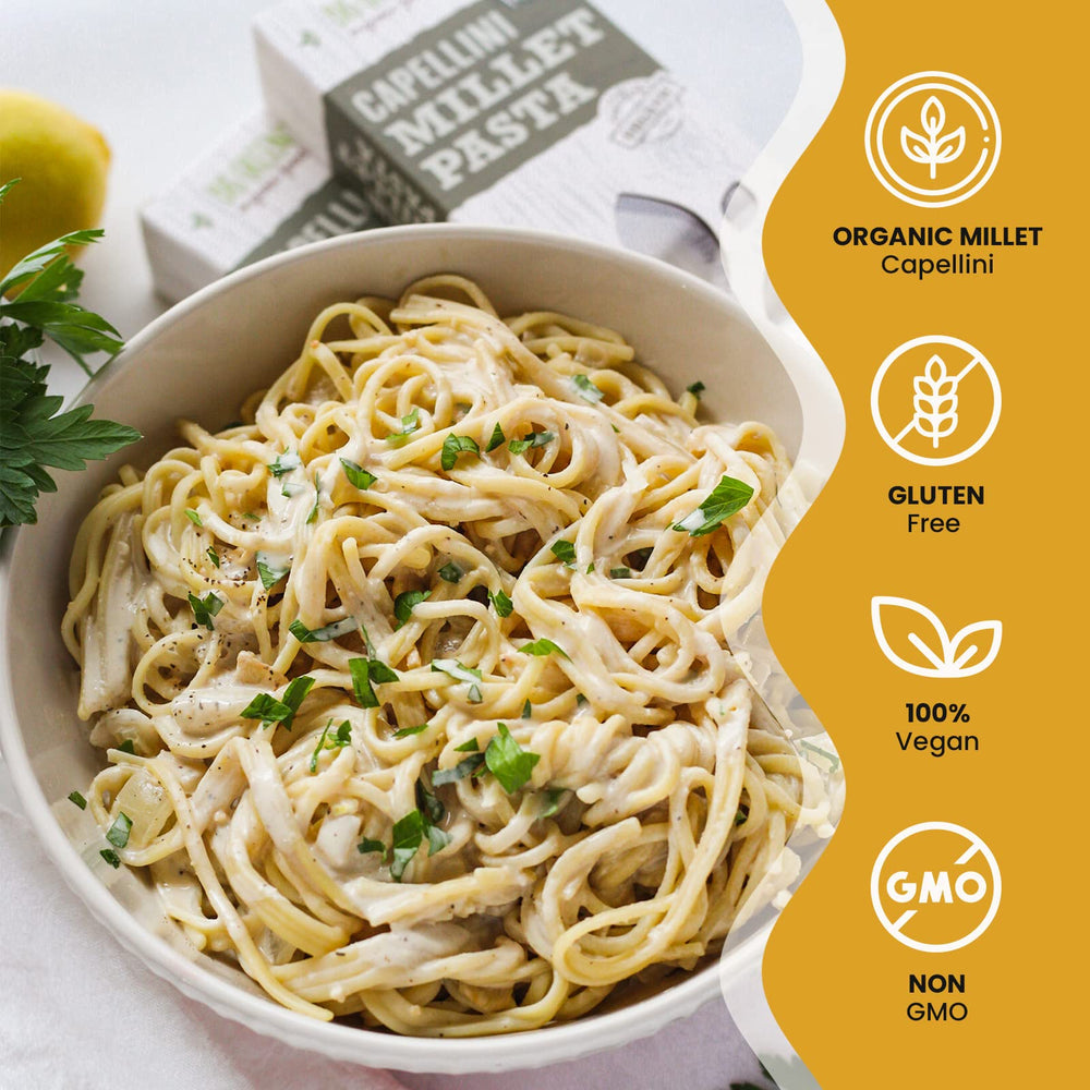Cooked millet capellini with olive oil and herbs by Big Green Organic Food