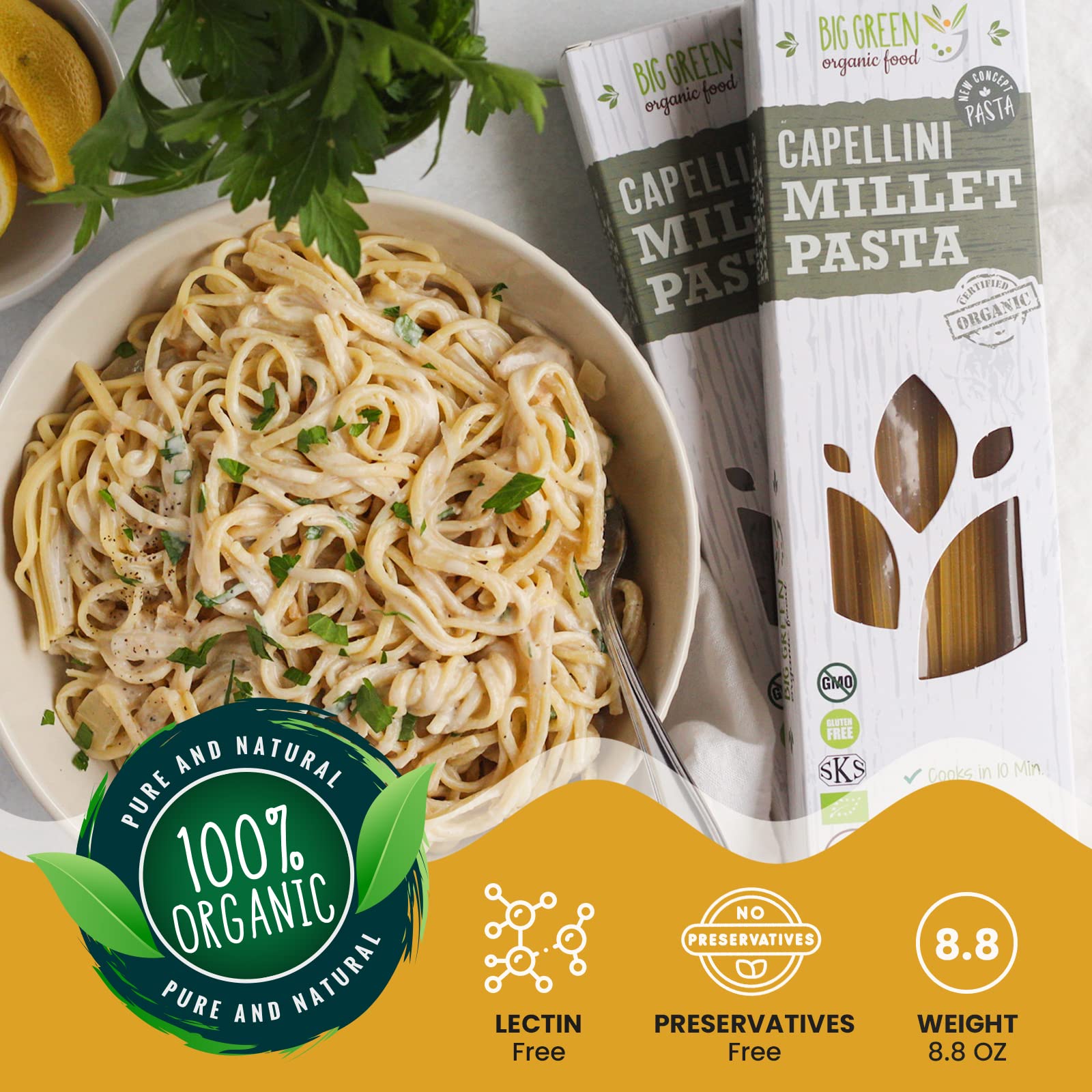 Raw millet grains emphasize organic, non-GMO sourcing