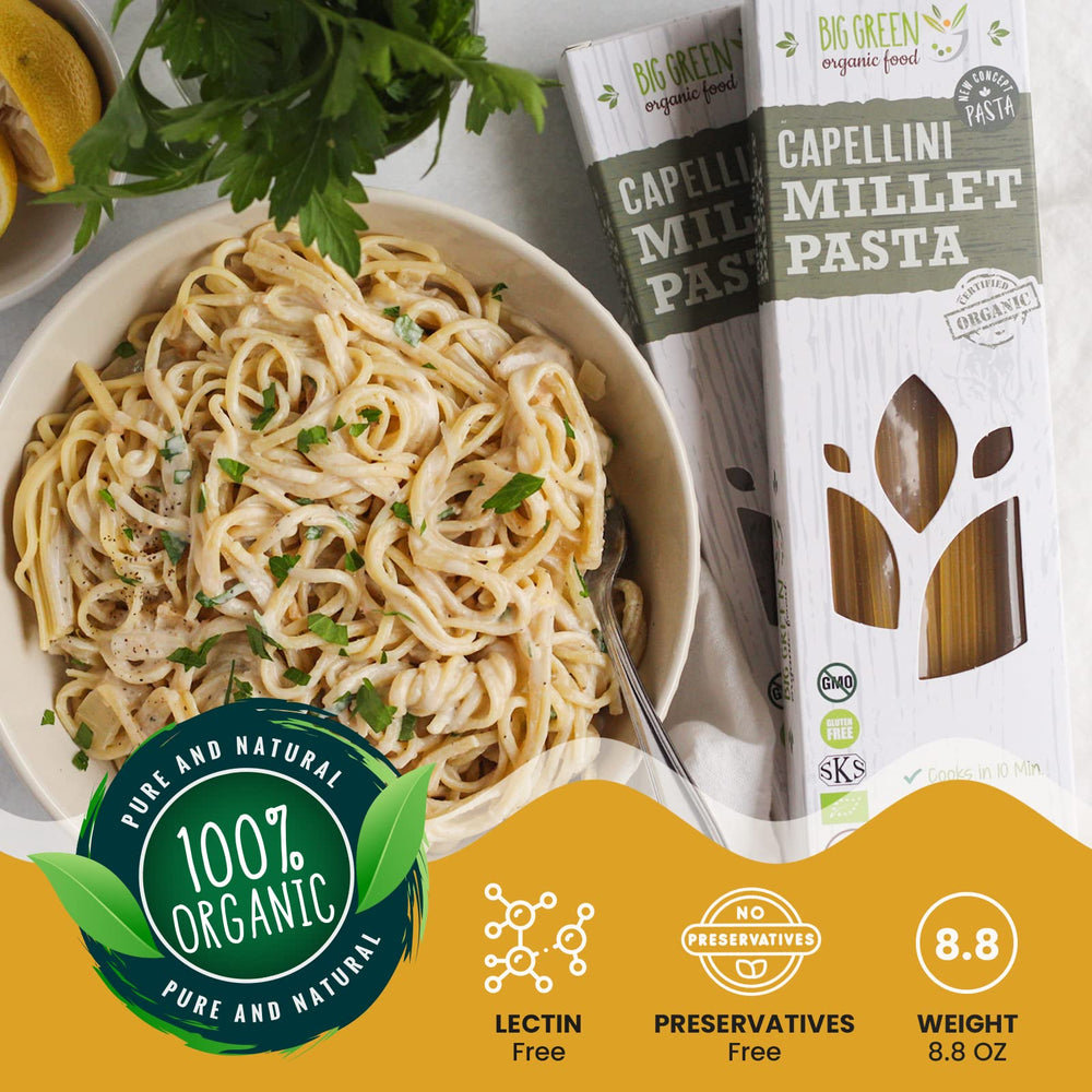 Raw millet grains emphasize organic, non-GMO sourcing