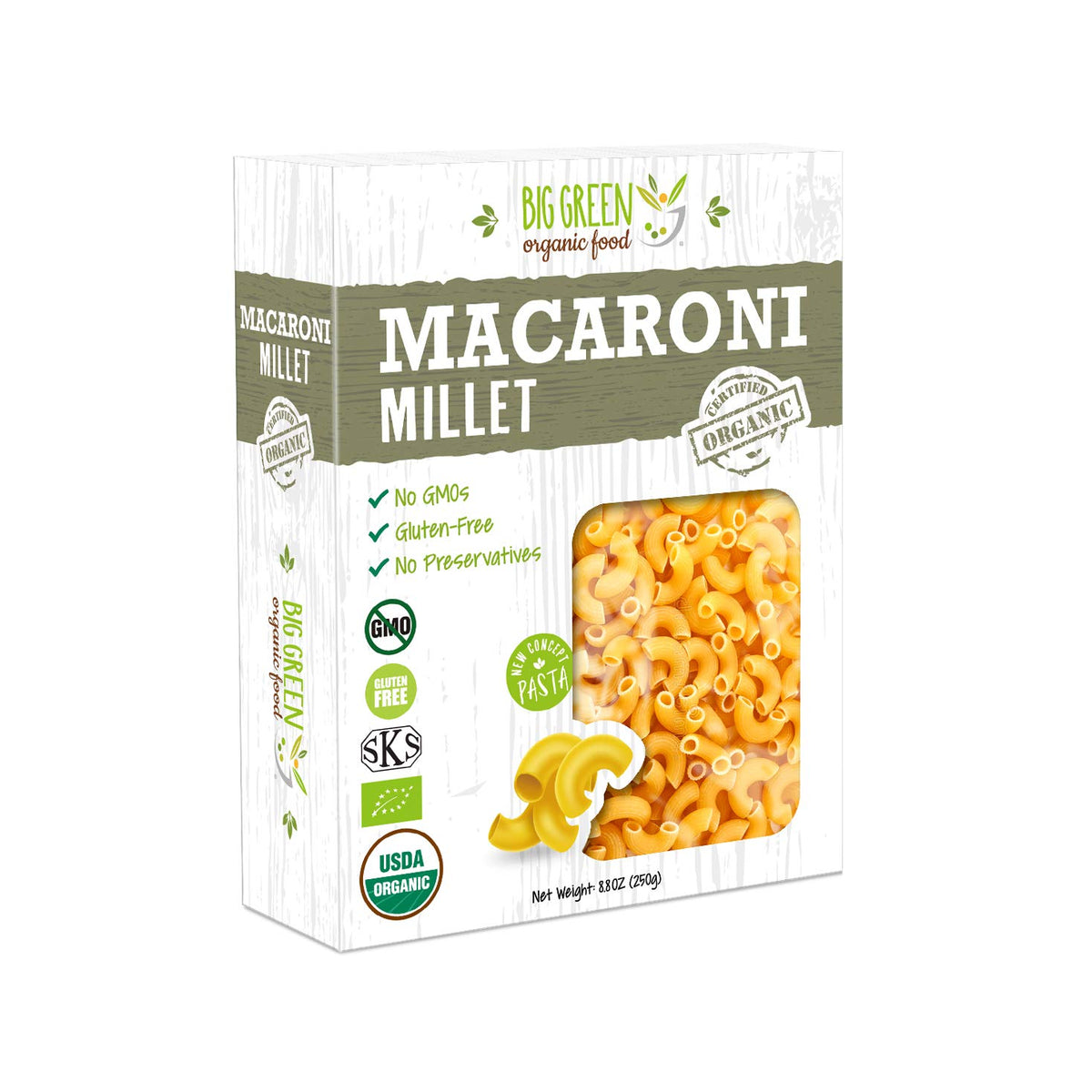 Big Green Organic Food millet macaroni elbows pack, a gluten-free pasta option.