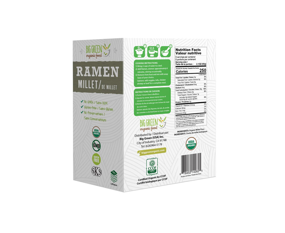 Big Green Organic Food millet ramen closeup, showcasing organic millet noodles ideal for quick meals.