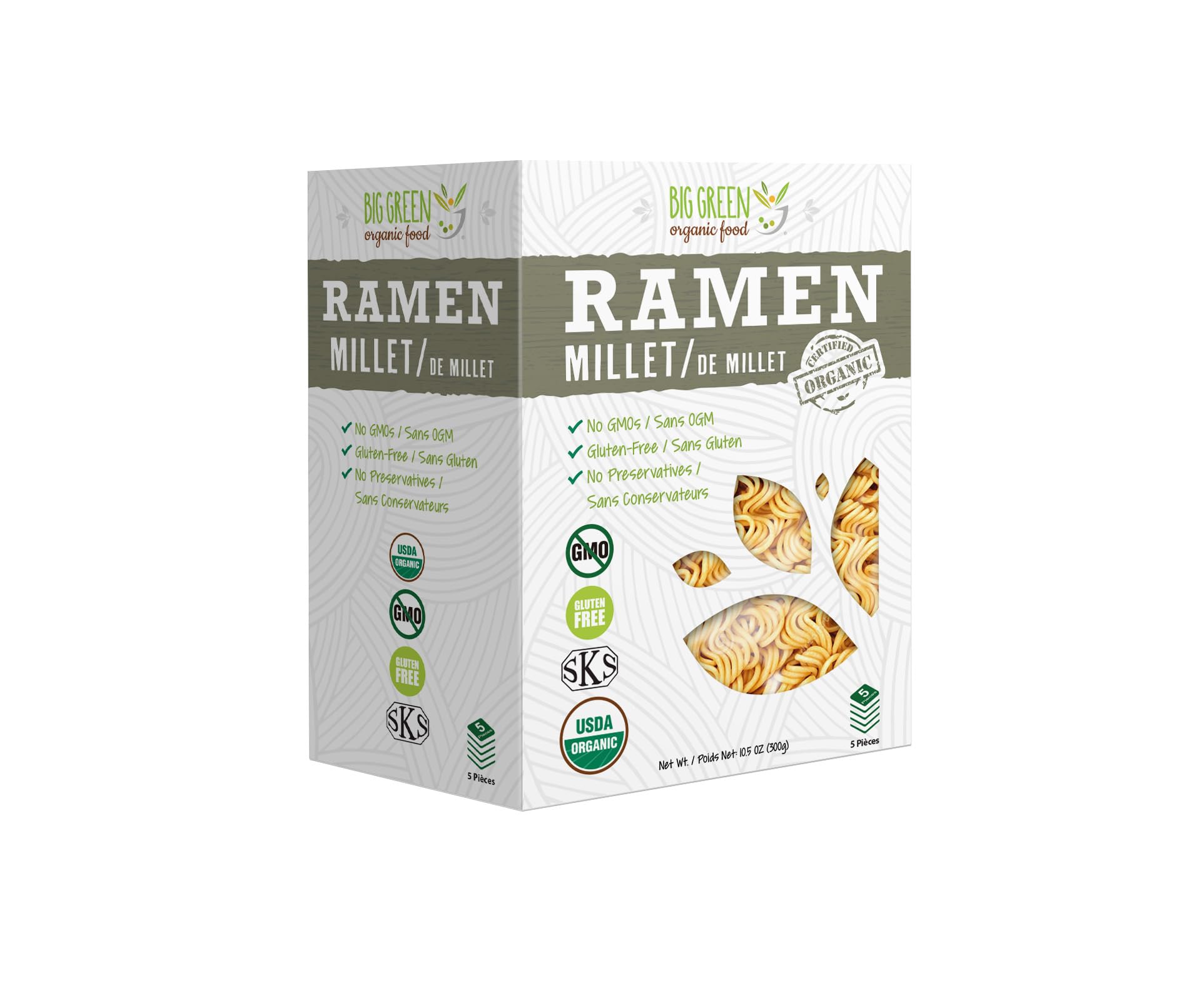 Big Green Organic Food millet ramen pack, gluten-free and vegan, ready to cook.