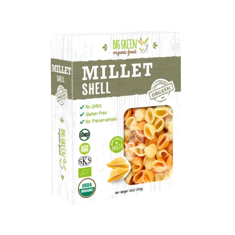 Big Green Organic Food millet shells pack shot, gluten-free and versatile dinner option.