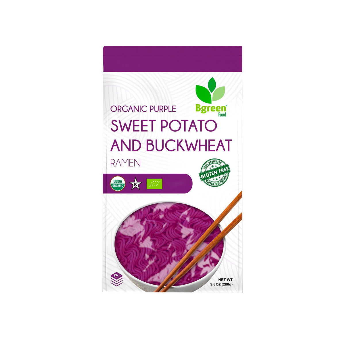 Big Green Organic Food purple yam ramen package, gluten-free vegan option for weeknight dinners.