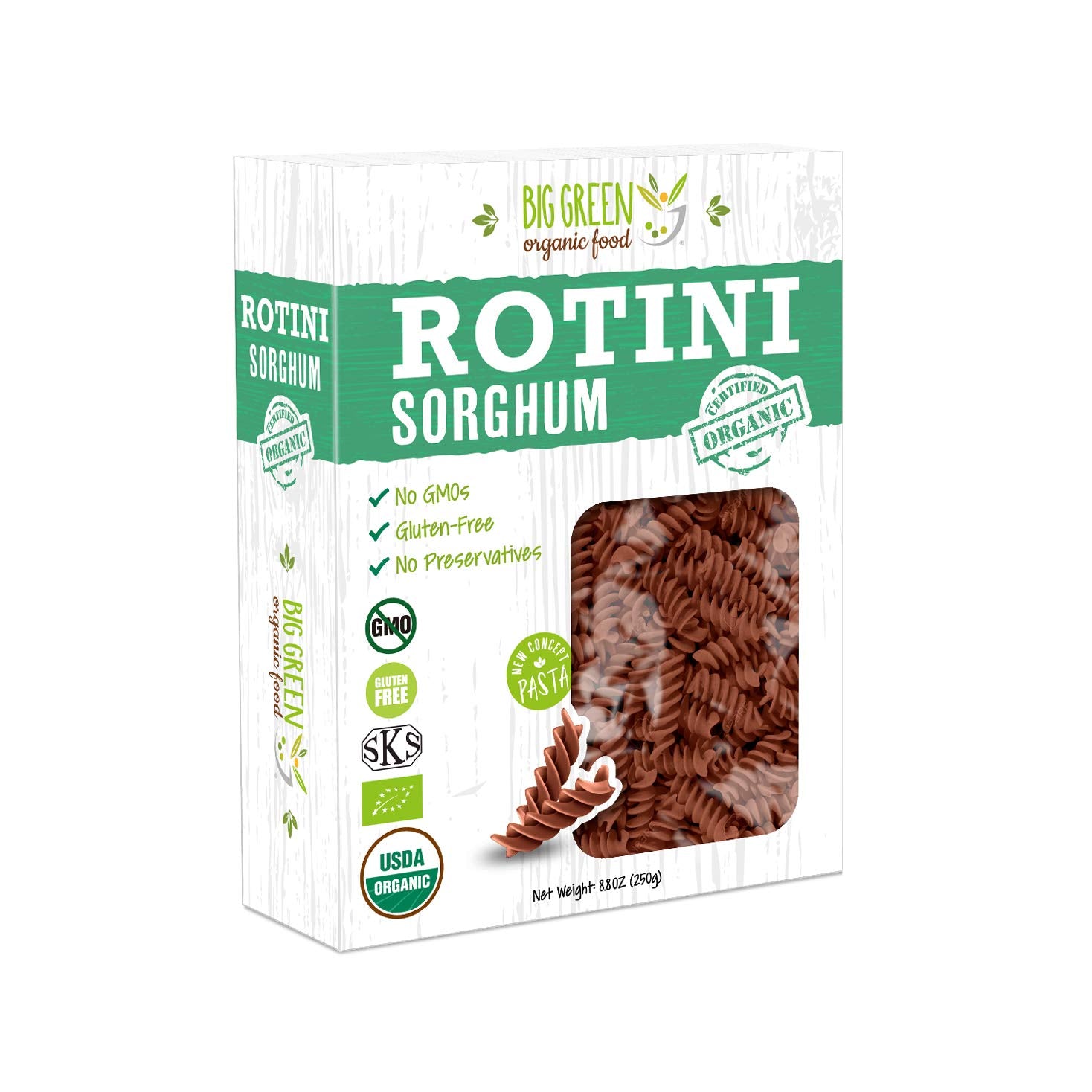 Big Green Organic Food organic sorghum rotini pack, gluten-free and vegan.