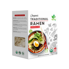 Big Green Organic Food organic traditional ramen packaging highlights convenient, vegan, non-GMO noodles.