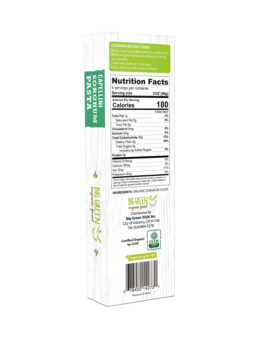 Big Green Organic Food sorghum capellini angel hair pasta ready for light sauces